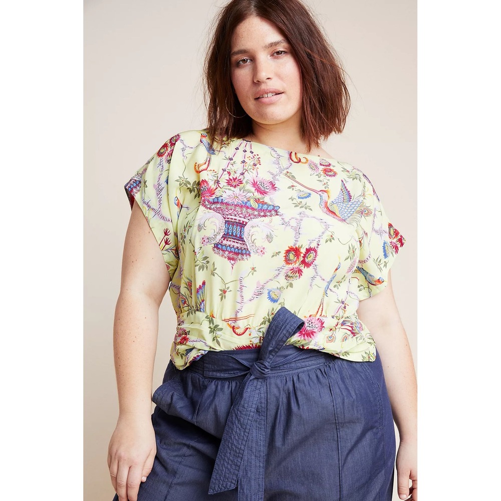 Maeve Anthropologie Garden Silk Bird Floral Blouse 24W Chinoiserie Dolman Sleeve